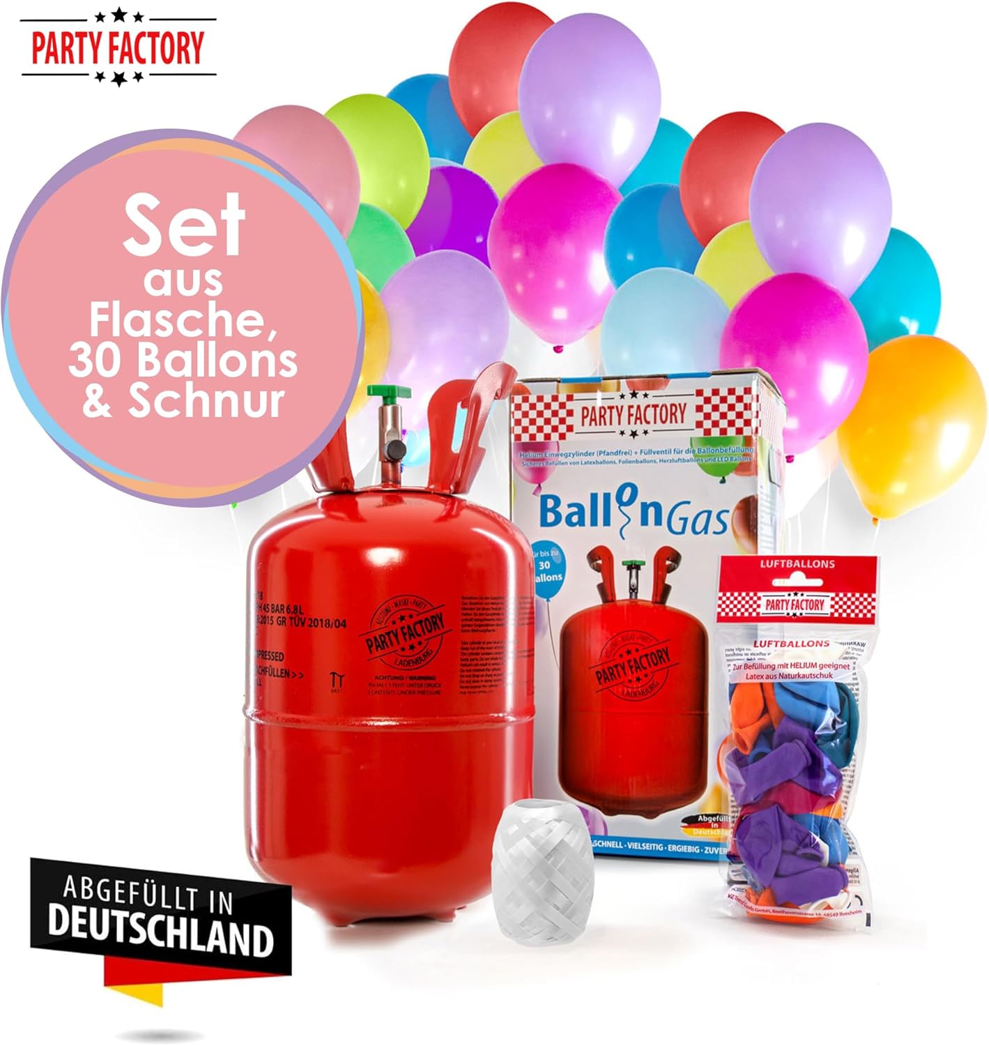 Party Factory Helium Tank for up to 30 Balloons incl. Latexballoons, Helium Cylinder 7 cu. ft. Gas with filling quantity for Balloons, Ideal for Birthday Party, Wedding