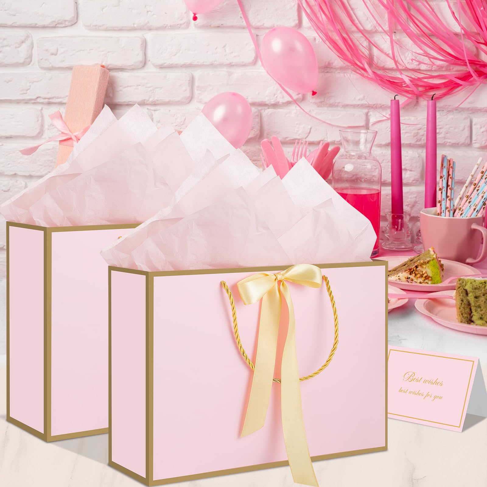 woric Pink Gift Bags with Handles, 14" Medium Gift Bags with Tissue Paper