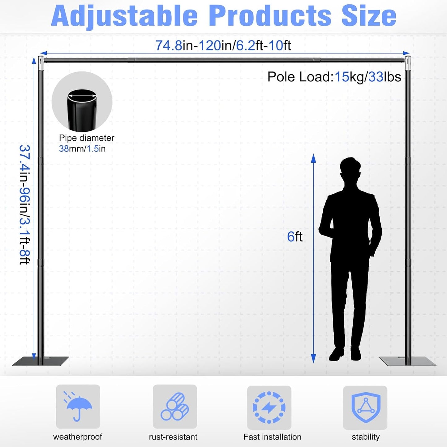 Pipe and Drape Backdrop Stand 10FT x 8FT, Adjustable Backdrop Stand Heavy Duty, Background Stand, Backdrop Stand for Parties, Photography, Wedding, Birthday Decoration (10ft x 8ft)