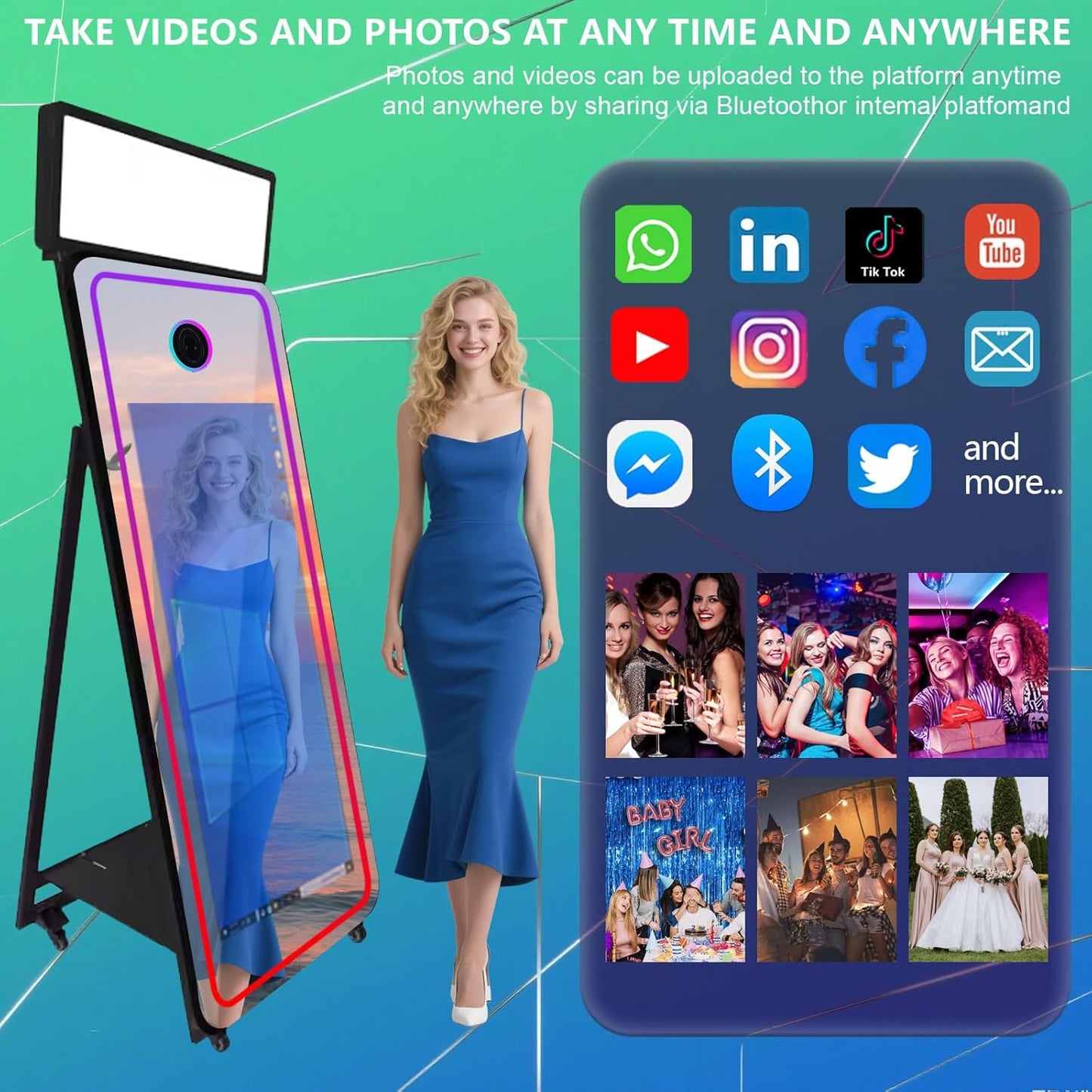 65''Magic Mirror Photo Booth Machine,Mirror Photo Booth 43''Touch Screen,Photo Booth with Flight Case,App Control,RGB Light for Wedding Party Events (Black, Machine)