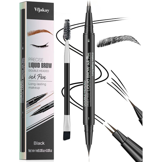 Microblading Eyebrow Pen, Dual-Ended Brow Pencil with 2-Fork-Tip and Precise Brush, Waterproof Longer Lasting Eyebrow Pencil, Microblade Eyebrow Pencil Create Natural Hair-Like Strokes (Black)