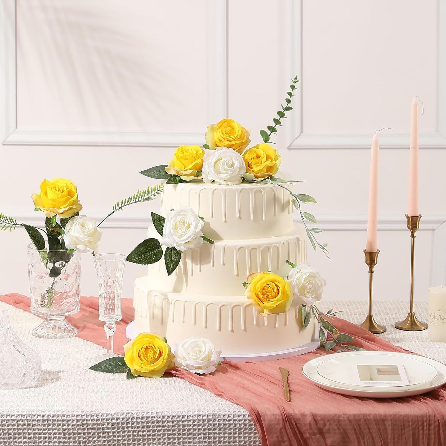 Tifuly Yellow Roses Artificial Flowers -12 pcs Realistic Single Long Stem Fake Silk Roses Bouquet for Party Home Wedding Centerpiece Office DIY Decor