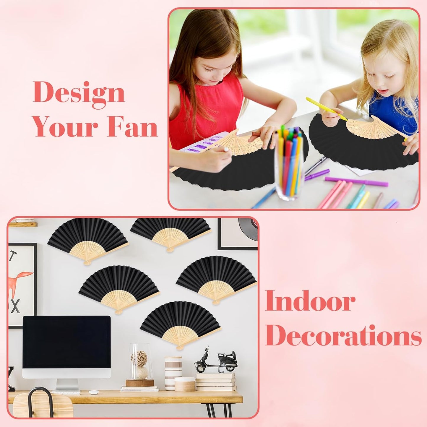 12 Pieces Black Hand Held Bamboo Folding Fans Paper Fans Handheld for Women Foldable Girls Wedding Decoration Church Home Party Favors Summer