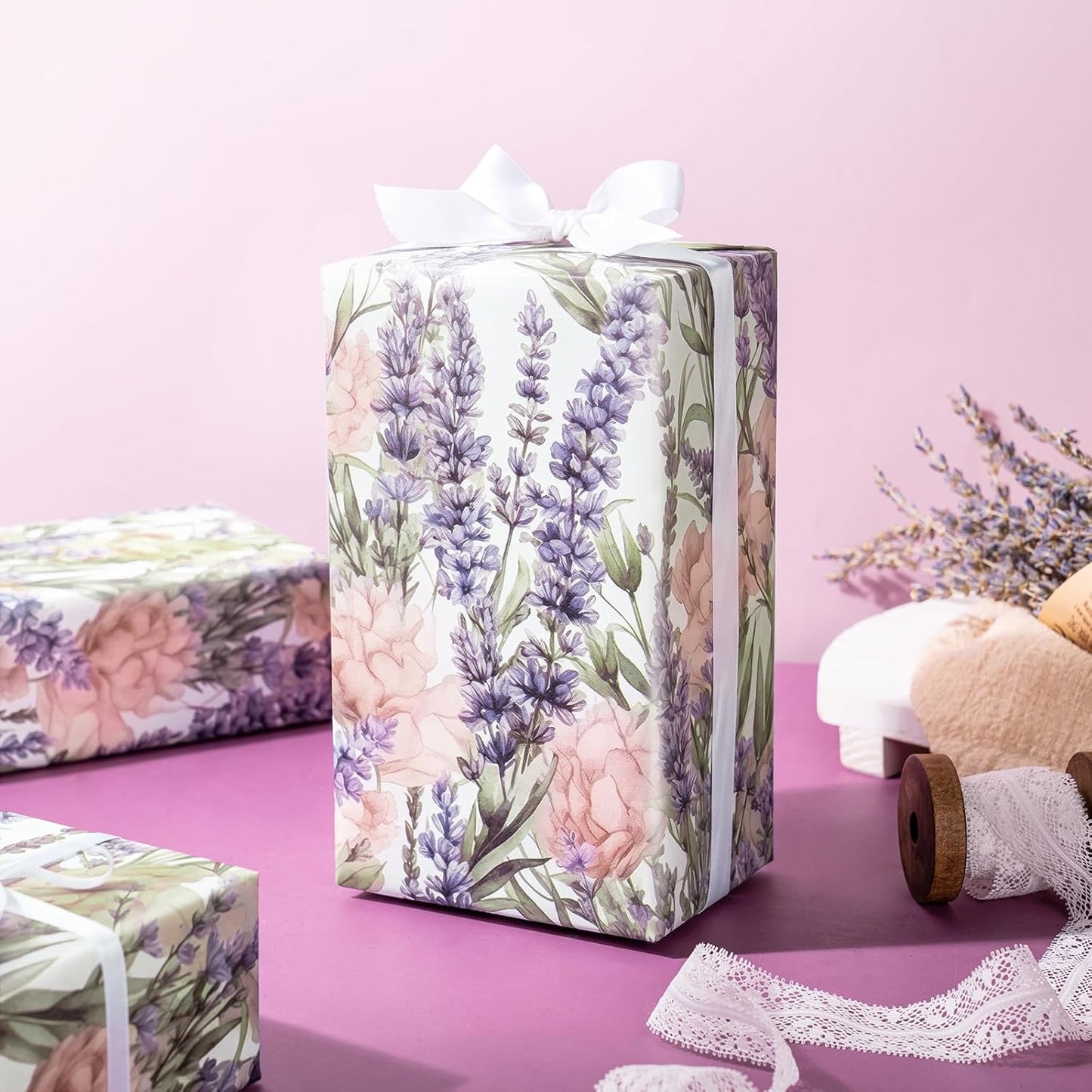 WRAPAHOLIC Floral Wrapping Paper Roll - Mini Roll - 17 Inch x 33 Feet - Lavender Flower Wrapping Paper, Perfect for Girls Women Birthday, Wedding, Bridal Shower