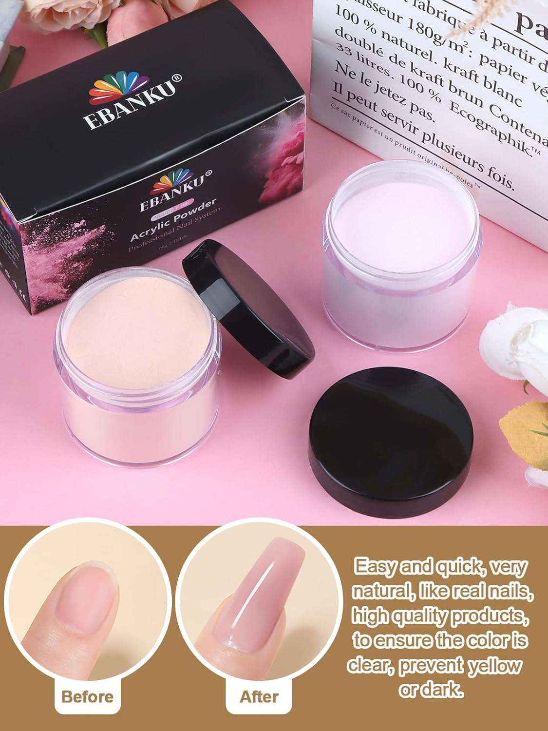 EBANKU Nude Pink Acrylic Powder for Nails, Long Lasting 3D Fingernail Carving & Nail Extensions, Professional Colors Acrylic Powder for Manicure, No Nail Lamp Needed, 60g/2.1oz*2Pcs