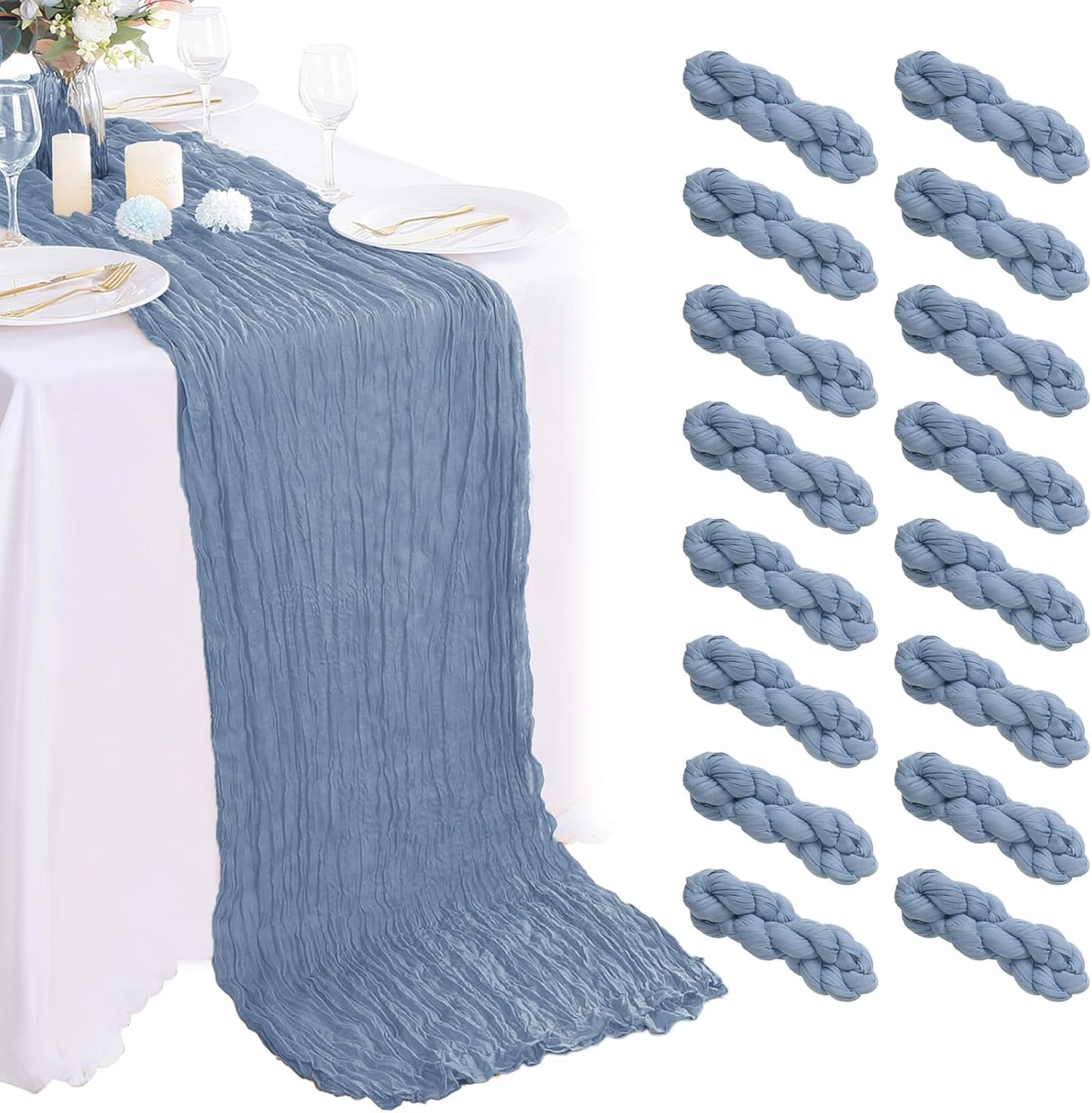 16PCS Dusty Blue Cheesecloth Table Runner 10FT Table Runner Cheesecloth 35x120Inch Boho Gauze Cheese Cloth Table Runner Long Rustic Sheer Table Runners for Wedding Party Baby Bridal Shower Table Decor