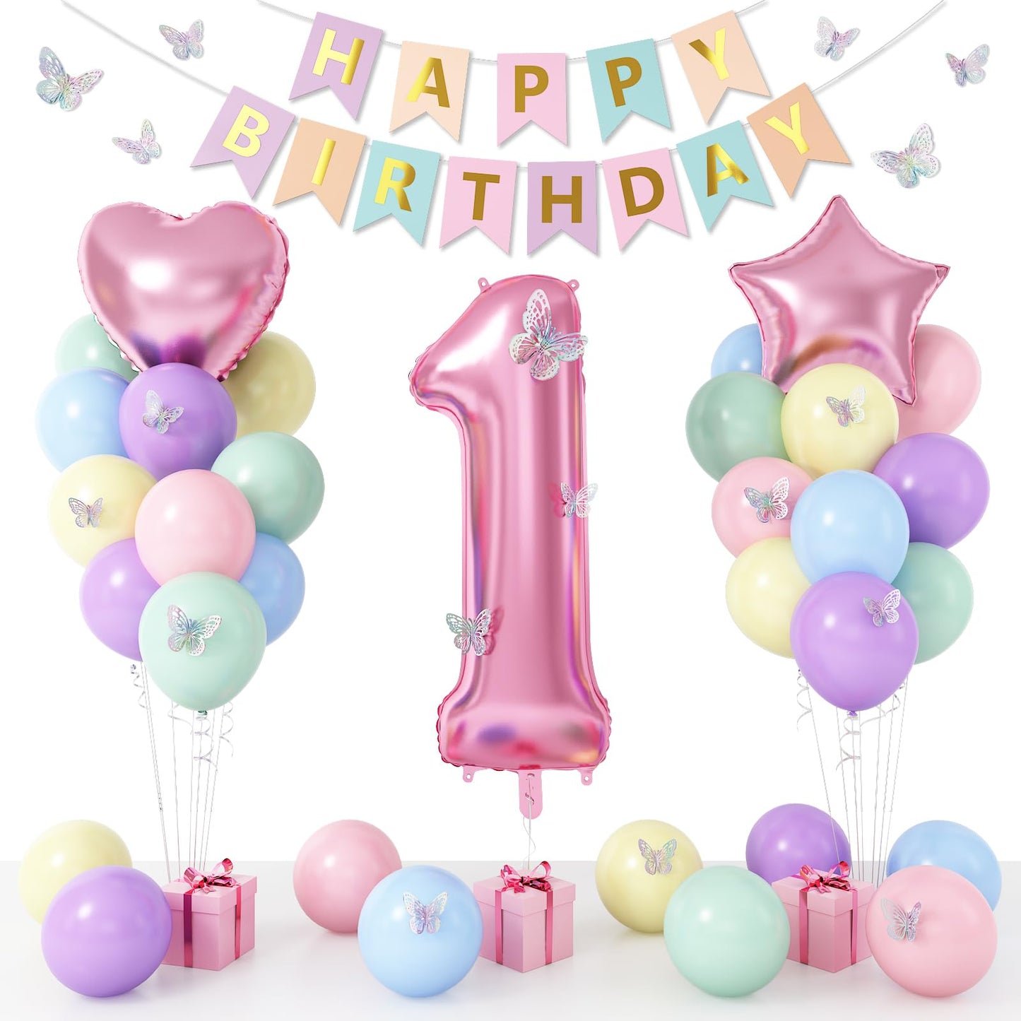 1st Birthday Decoration for Girls, Pastel Macaron 1st Birthday Balloon, Pink Number 1 Balloon with