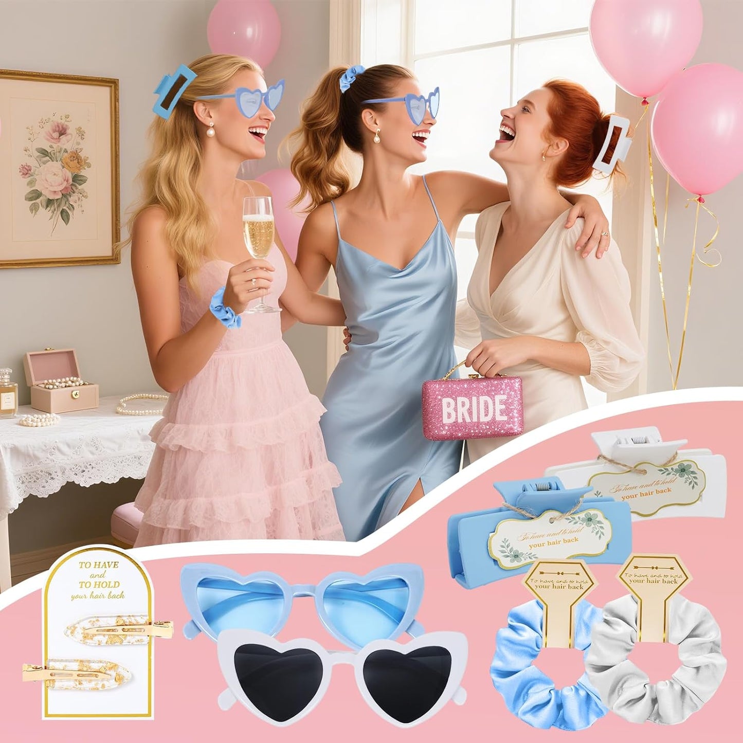 Dusty Blue Bridesmaid Proposal Gift Set, 8PCS Wedding Favors with Hair Claws, Scrunchies, Makeup Clips & Sunglasses, Birthday Gifts for Maid of Honor, Girls and Teens