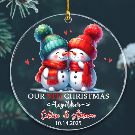 Personalized Our 5TH Christmas Together Ornament, Customized Date & Names Mr & Mrs Snowman Together Keepsake Ornament Gift for Wedding Anniversary, Married Couple Snowman Christmas Ornaments Gifts