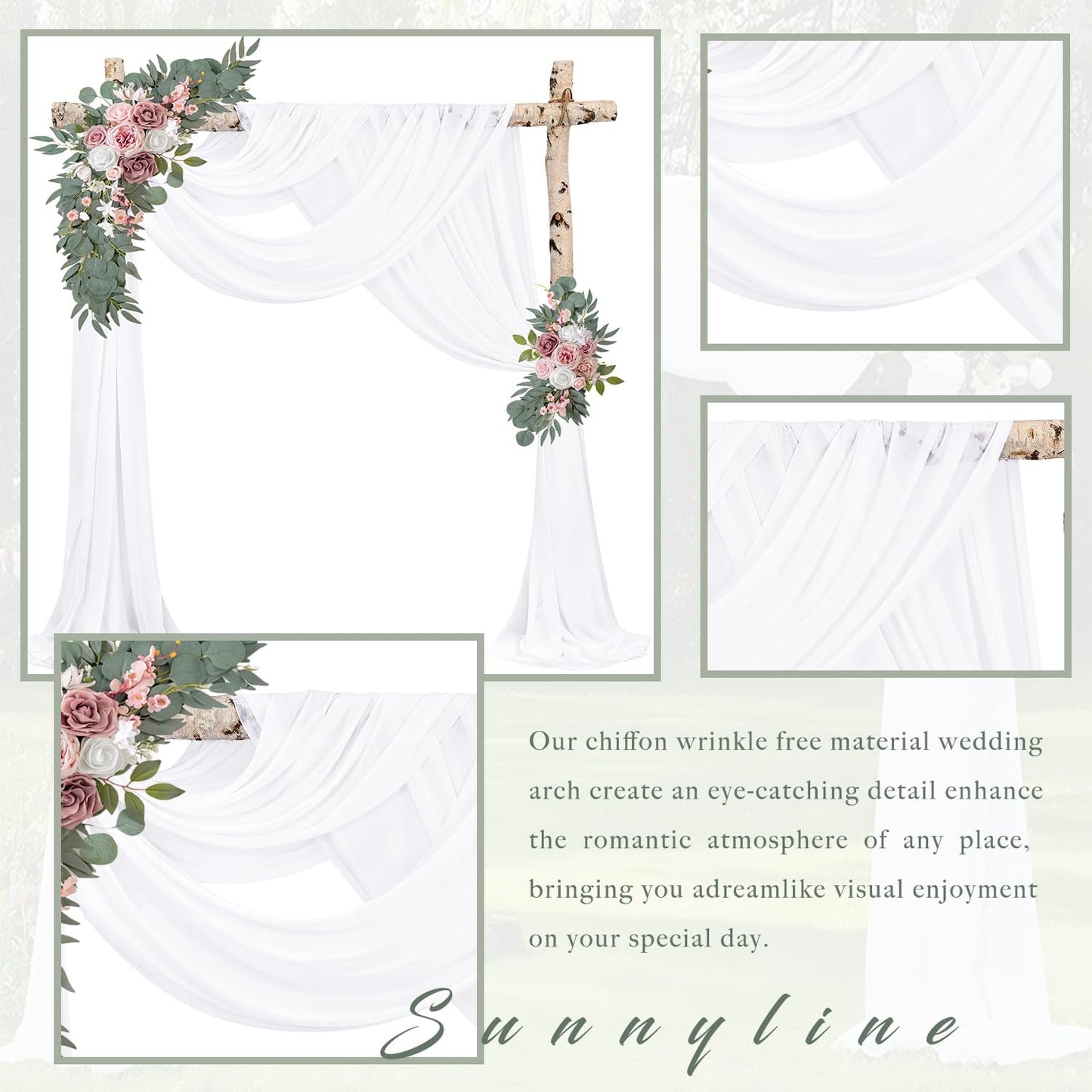 Wedding Arch Draping Fabric 8 Panels 20Ft Length x 28" Width White Arch Drapes Chiffon Fabric Sheer Curtains Backdrop for Party Bridal Decorations Wedding Ceremony Ceiling Stage Reception Decor