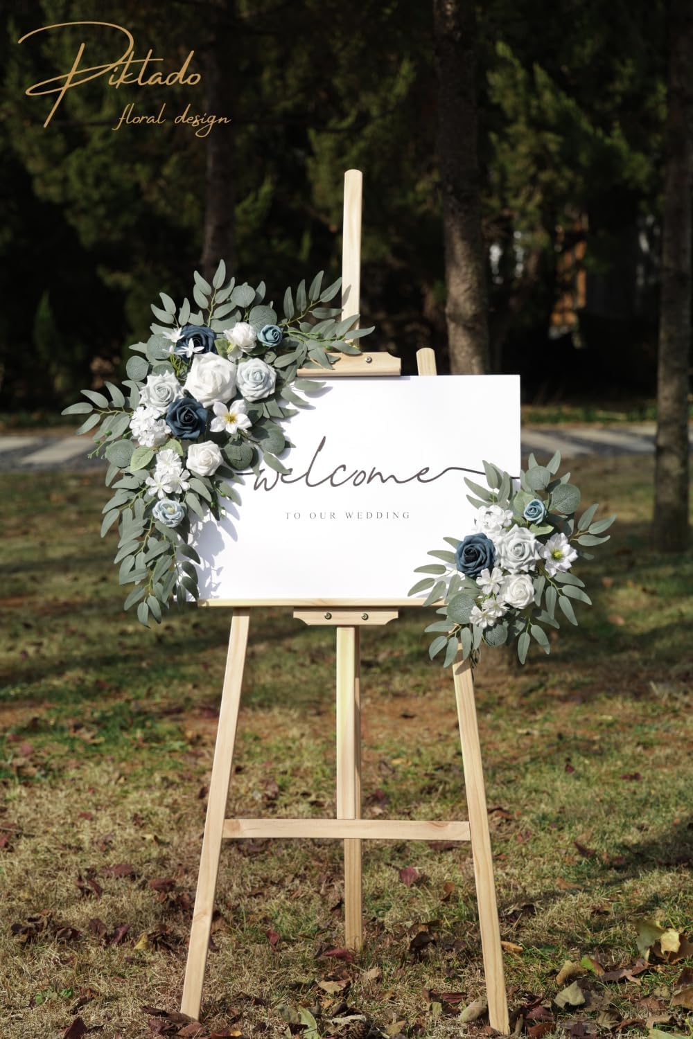 Faux Flower Swag Set of 2 for Wedding Welcome Signs Floral Swag Wedding Reception Ceremony Signs Decor (A-White Blue)