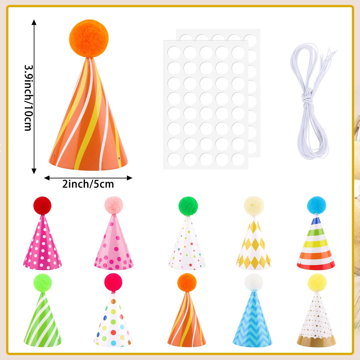 Atiloy 10 PCS Colorful Mini Party Hats for Stuffed Animals Lovely Paper Cone Tiny Birthday Hats for