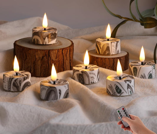 Eywamage Patriotic Flameless Tealights with Remote Batteries, Flickering US Dollar LED Tea Votive Candles Set of 12
