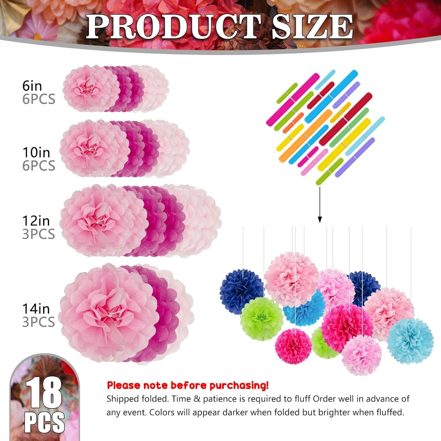 Tissue Paper Pom Poms, Pink Tissue Paper Flowers, Hanging Flower Balls for Weddings Fiesta Parties Birthday Baby Showers Classroom Bridal Shower Decoration (18Piece Set-6/10/12/14Inch)