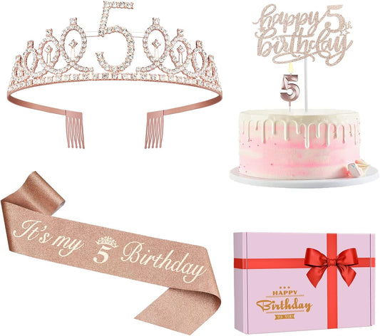 5th Birthday Decorations for Girls, Including Sash, Crown/Tiara, Candles, Cake Topper, 5th Birthday Gifts for Girls