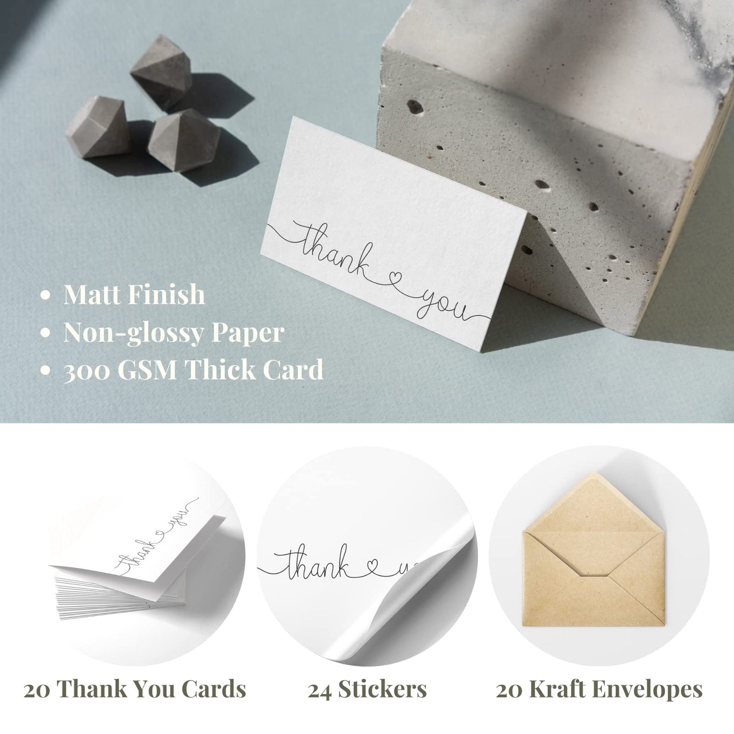 Thank You Cards with Kraft Envelopes and Stickers, Bulk Pack of 20, 4x6 Inch Professional Looking