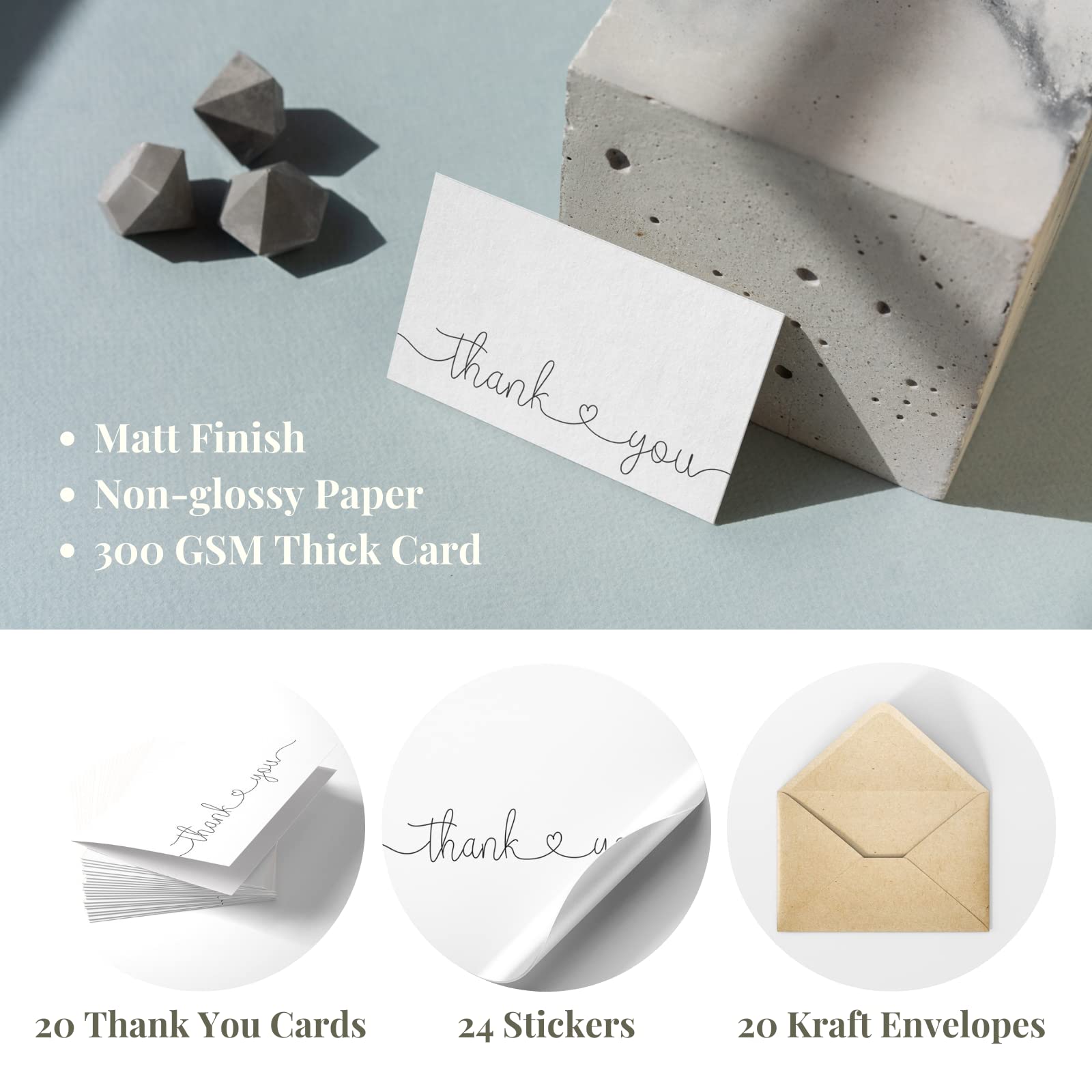 Thank You Cards with Kraft Envelopes and Stickers, Bulk Pack of 20, 4x6 Inch Professional Looking