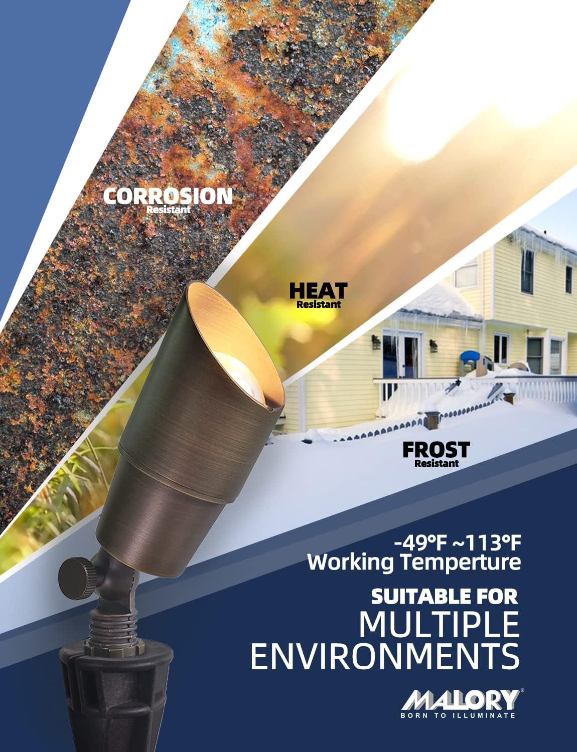 MALORY Brass Landscape Spotlight 10-Pack with Bulb(S01), Low Voltage 12V AC/DC LED Outdoor Landscape Lighting,PVC Ground Stake and Wire Connector Included, Garden Patio Trees Spot Uplight