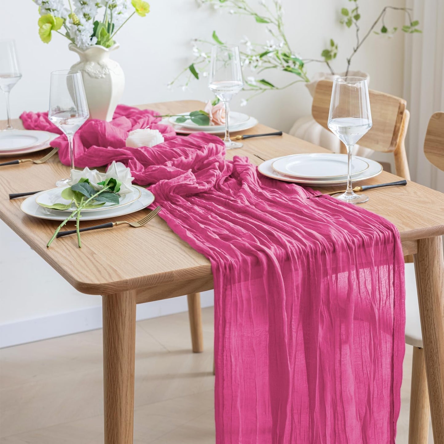 Asee'm 3pcs Cheesecloth Table Runner 120 Inches Long Deep Pink Boho Gauze Cheese Cloth Runner 10FT Rustic Sheer Table Runners for Christmas Wedding Party Baby Shower Spring Easter Decoration