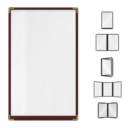 Goodsmart Restaurant Menu Covers – 25 Pack Burgundy 2-View, Top-Loading Menu Holders, Vinyl & Plastic Café Menu Covers, Clear Menu Sleeves, Fits 8.5" x 14", Leather-Style Design, Gold Corners