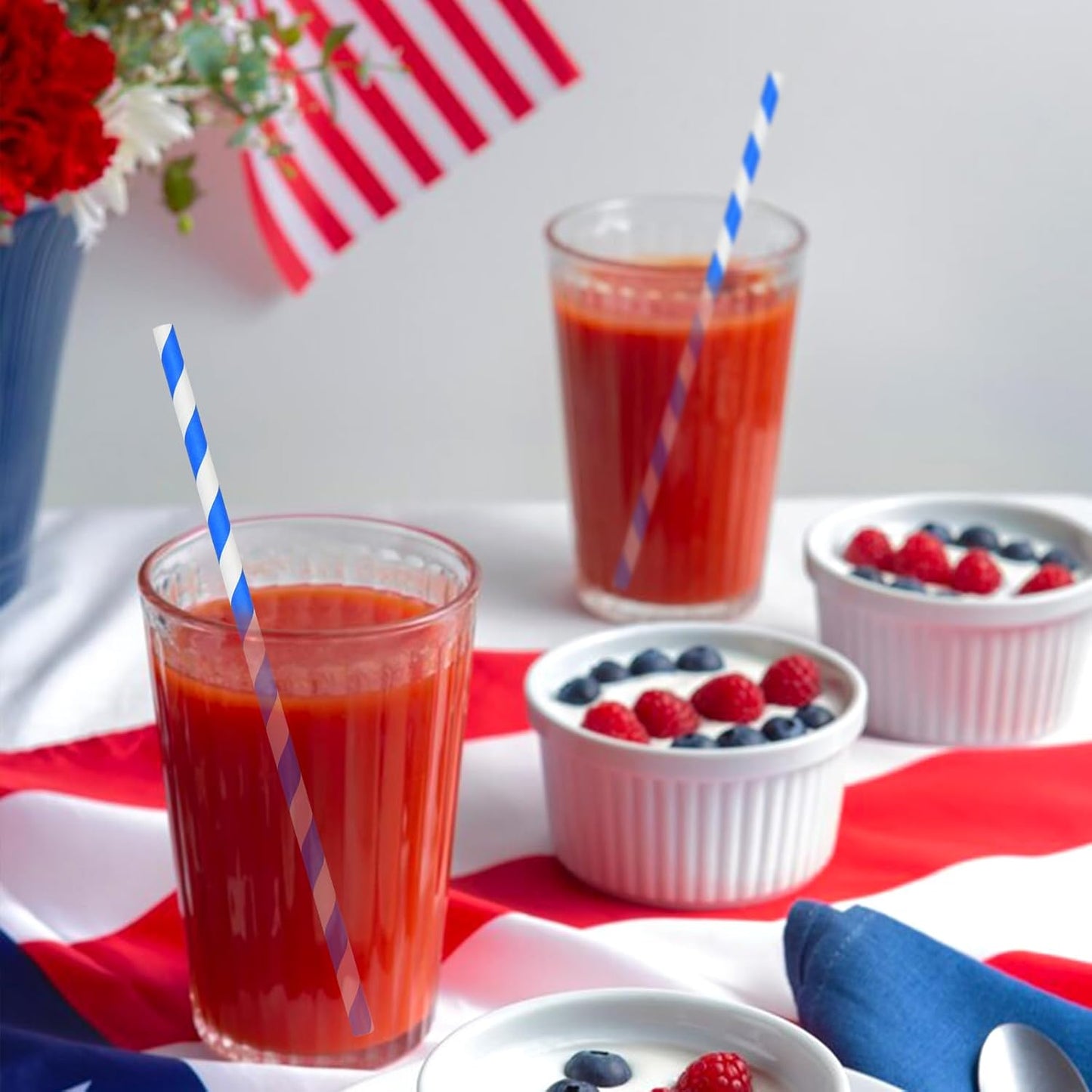 Blue Stripes Disposable Paper Party Straws for Drinking 7.75 inch 100 Counts, Compostable - for Cocktail, Coffee, Juice