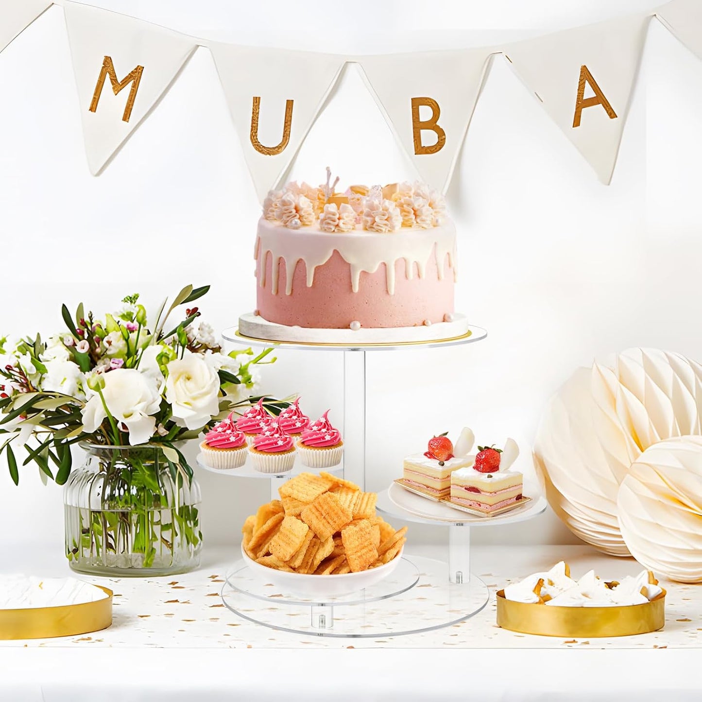 4 Tier Clear Cake and Cupcake Stand Combo for Birthday Party Decor, Acrylic Cupcake Tower Stand for 50 Cupcakes, Cupcake Holder Dessert Pastry Display for Wedding Baby Shower Tea Party