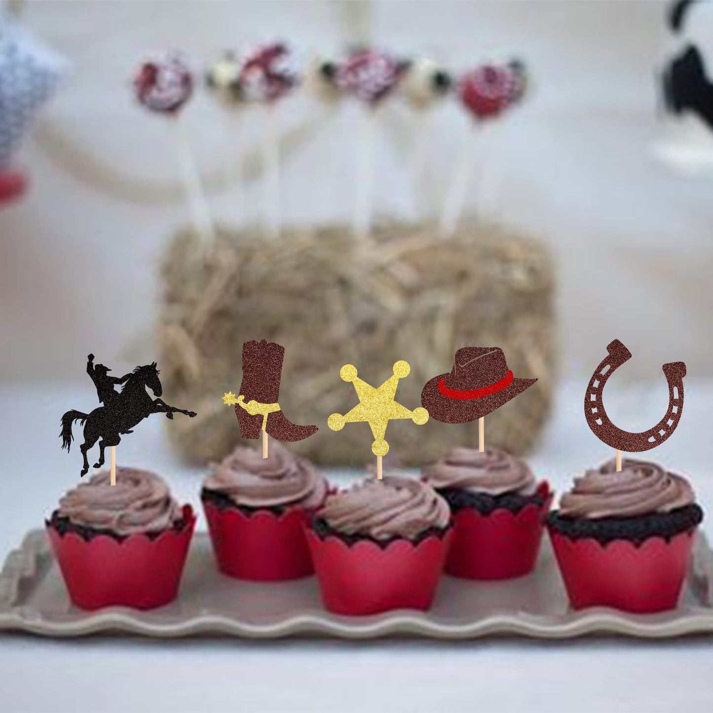 30 PCS Cowboy Cupcake Toppers Glitter HorseShoe Cowboy Hats Boots Cupcake Picks Western Theme Baby