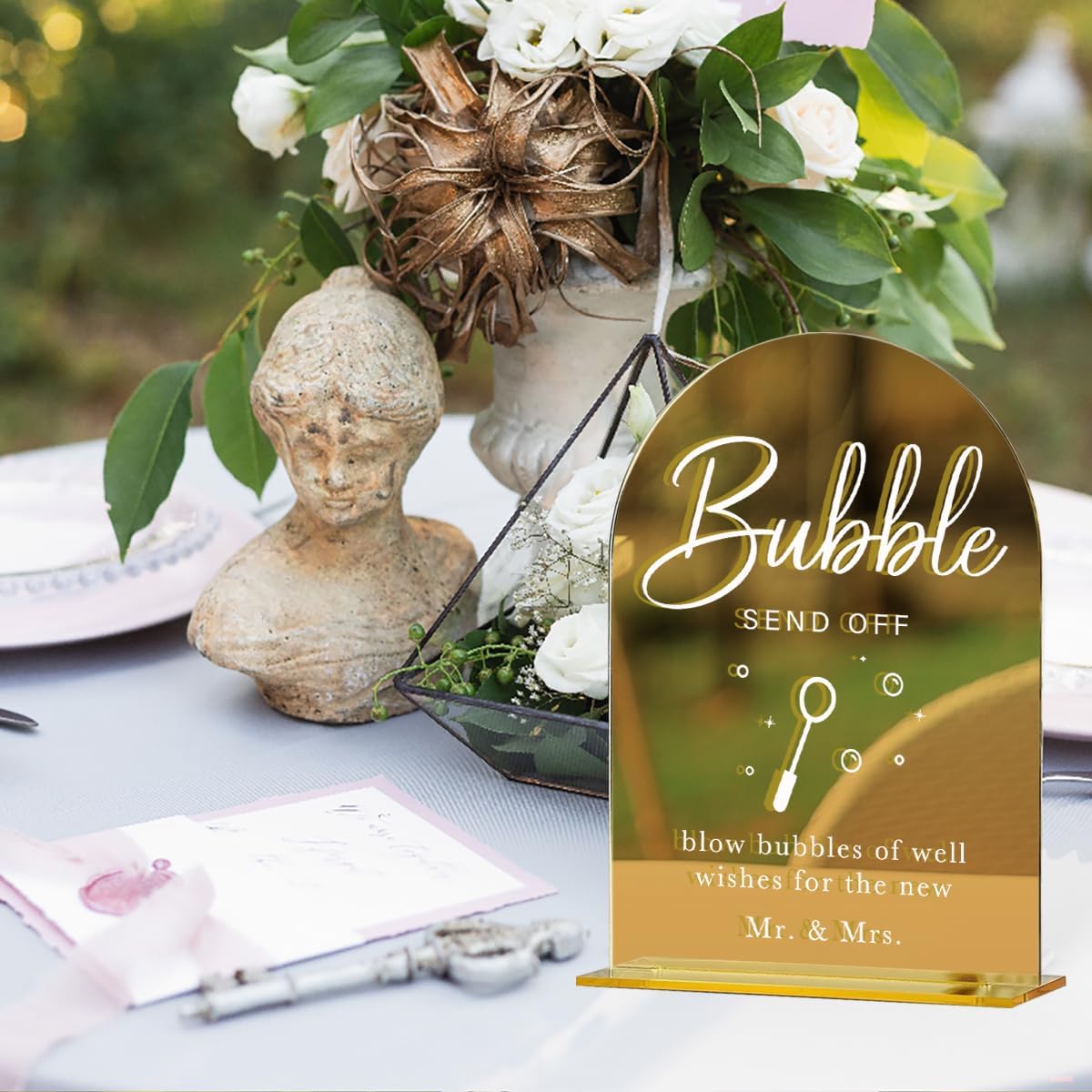 Acrylic Wedding Sign, Bridal Shower Decorations, Bubble Send Off Sign for Ceremony, Modern Font Table Signs, Gold Mirror Arched Acrylic Tabletop Signs for Wedding Reception and Event Party