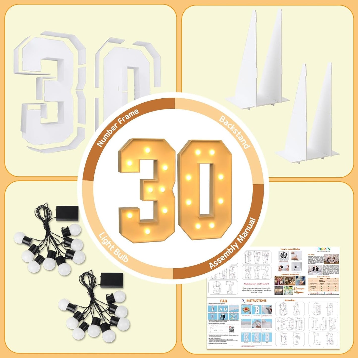 imprsv 3FT Light Up Numbers, Marquee Numbers 30th Birthday Decorations for Women, Men Foam Board Anniversary Party Decorations Arch Kit (DIY)