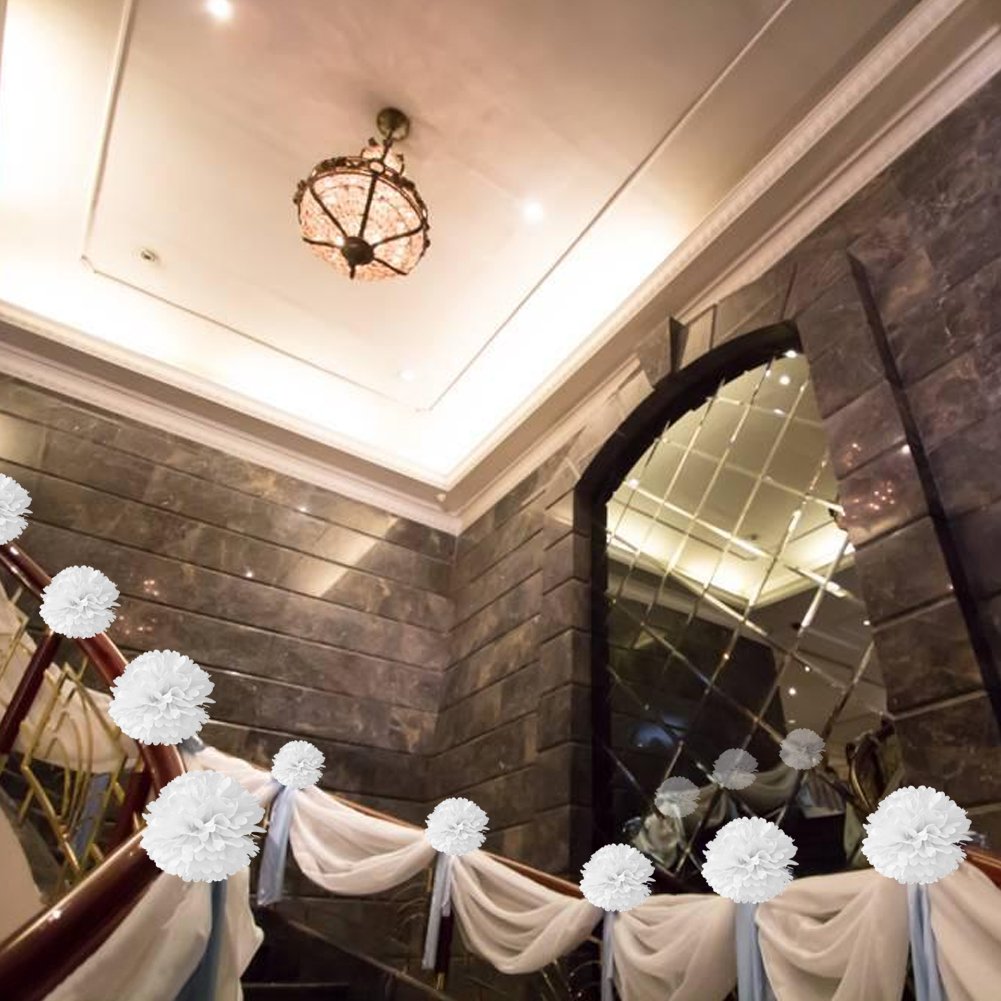 10pcs White Tissue Hanging Paper Pom-poms, Hmxpls Flower Ball Wedding Party Outdoor Decoration
