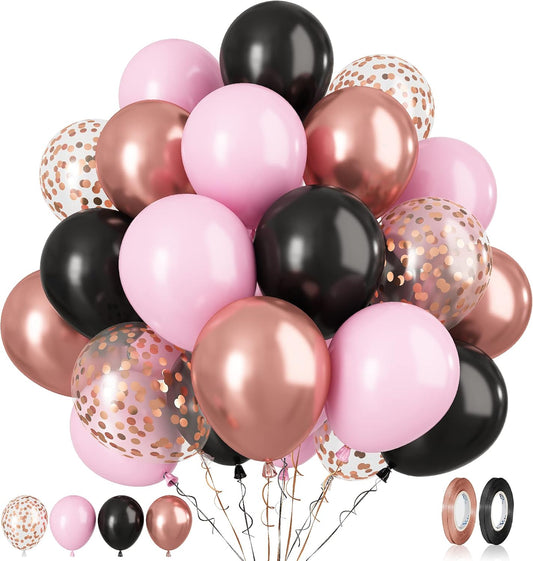 Paready Black Pink Latex Balloons, 60 Pcs 12 Inch Metallic Rose Gold and Confetti Balloons for Girls Birthday Baby Shower Engagement Anniversary Wedding Bridal Shower Party Graduation Decoration