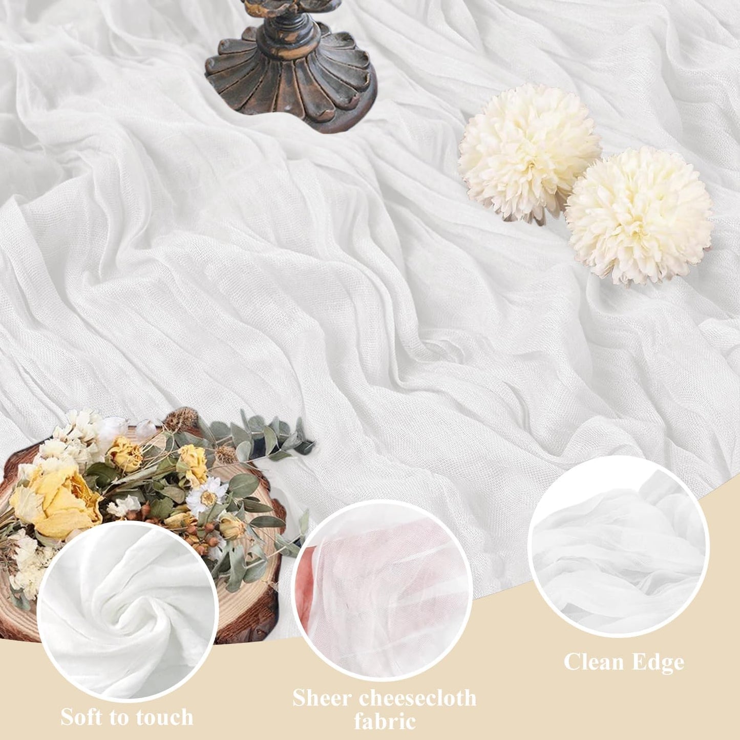 Asee'm Cheesecloth Table Runner 120 Inches Long Ivory Boho Gauze Cheese Cloth Runner 10FT Rustic Sheer Fall Table Runners for Thanksgiving Wedding Party Baby Shower Decoration