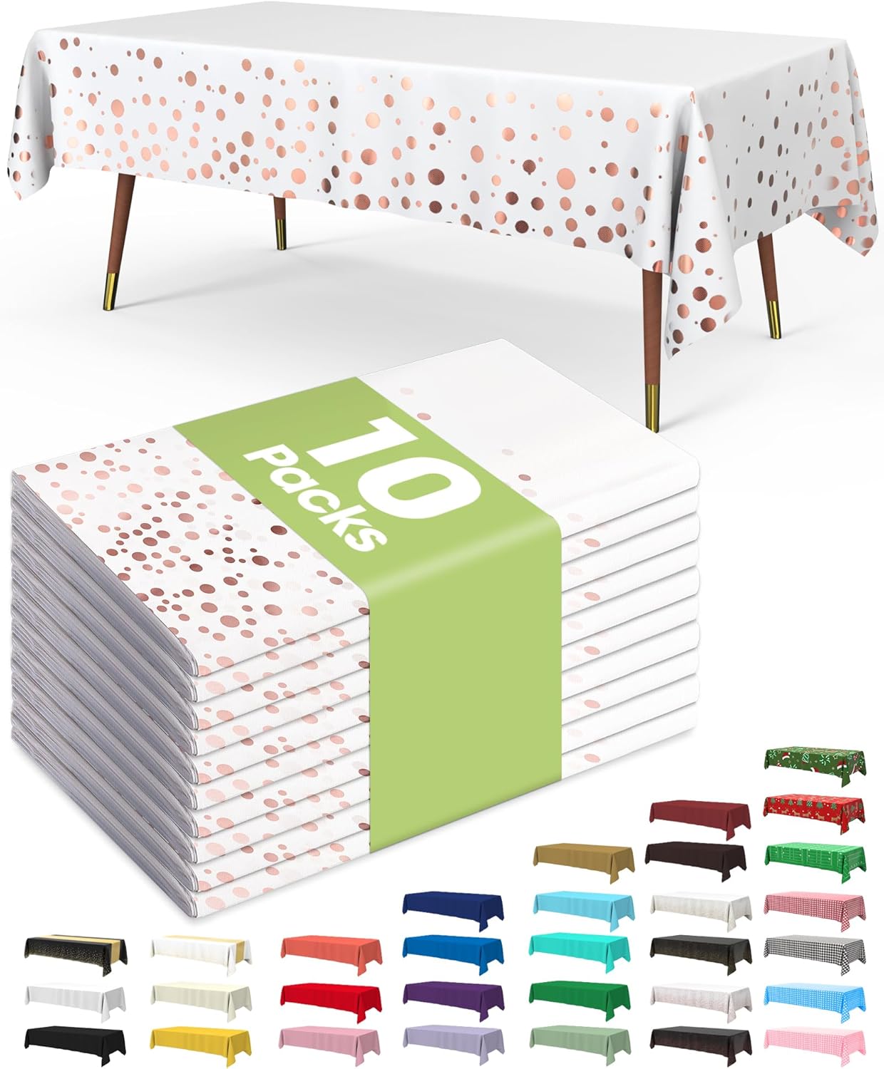 Pureegg Plastic Table Cloth Disposable 10 Pack, 54 x 108 Inch Table Cloths, Graduation Decorations of 2025, Graduation Tablecloths, Rectangle, Plastic Cover, Leakproof & Sturdy, White and Rose Gold