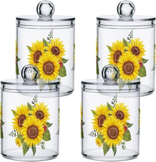 Gredecor Qtip Holder Dispenser 4 Pack Yellow Watercolor Sunflowers Apothecary Jars with Lids Bathroom Vanity Countertop Canister Storage Organizer for Cotton Ball,Swabs,Pads,Floss