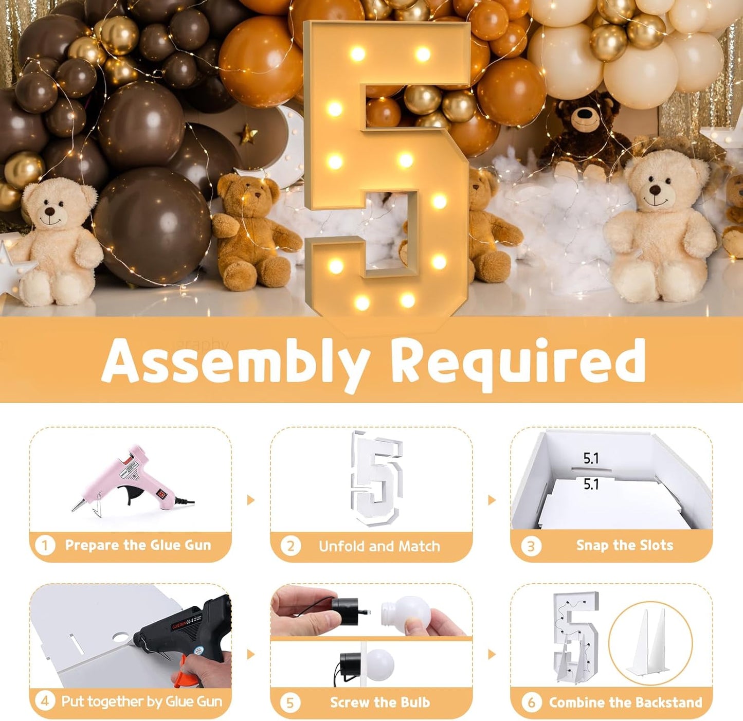 imprsv 4FT Marquee Numbers,DIY Light Up Numbers for 50th Birthday Decorations, Party Party Decorations,Anniversary Party Decor,Mosaic Number for Balloons Number 5,Pre-Cut Foam Board Kit