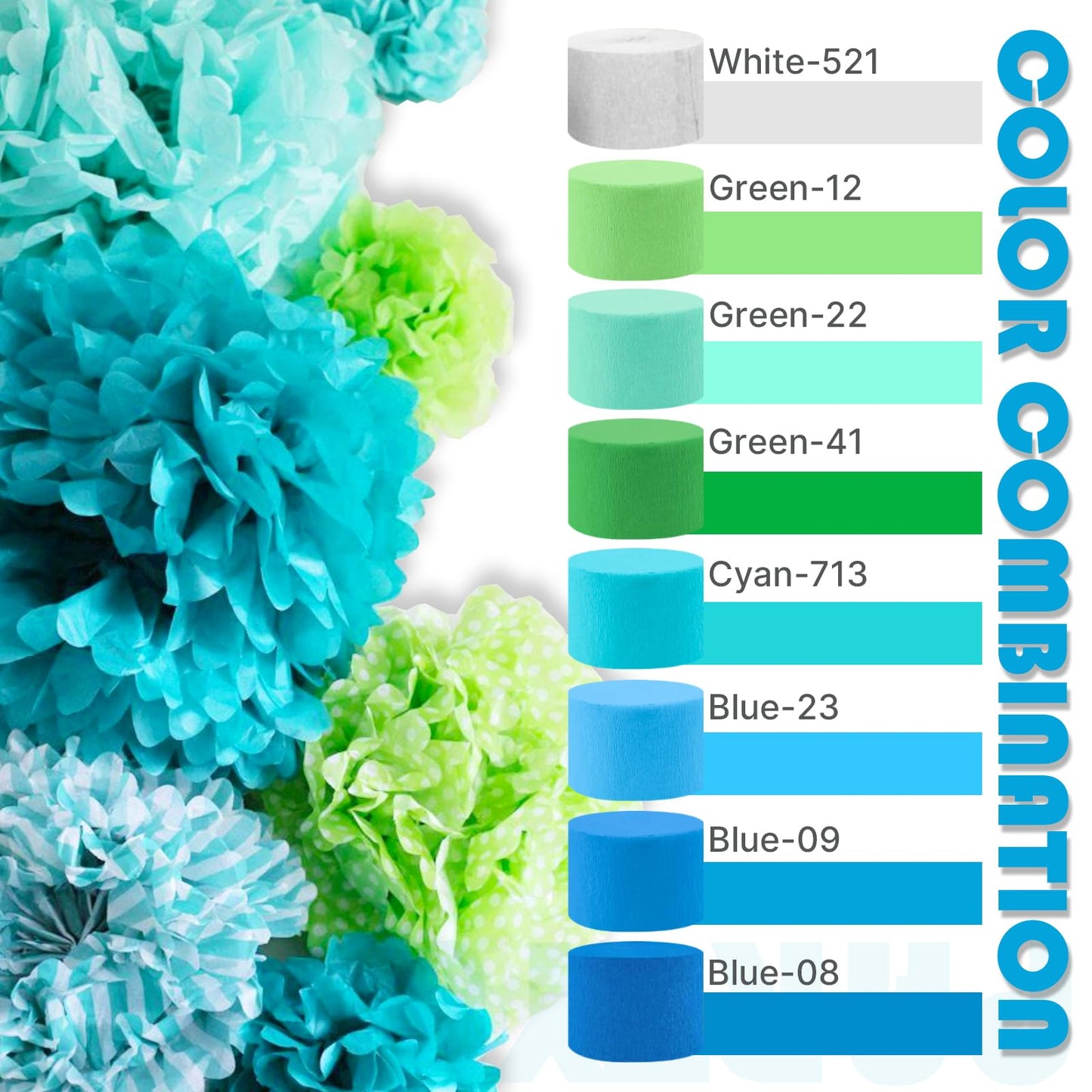 PartyWoo Blue Pastel Green Lime Crepe Paper Streamers 6 Rolls 492 FT