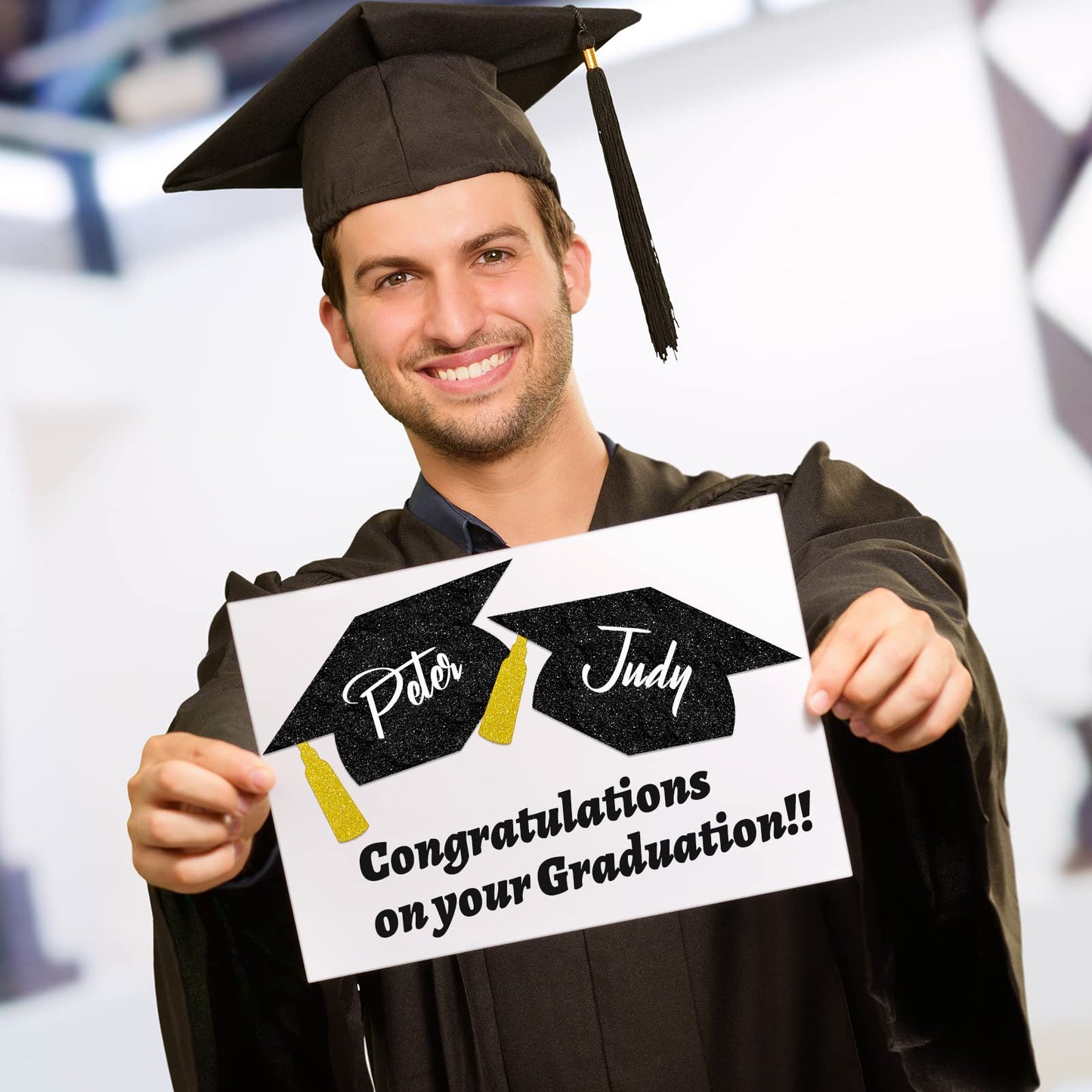 Whaline 50Pcs Grad Caps Cutouts Glitter Black Gold Graduation Hat Cutouts 5.7 Inch Grad Cap