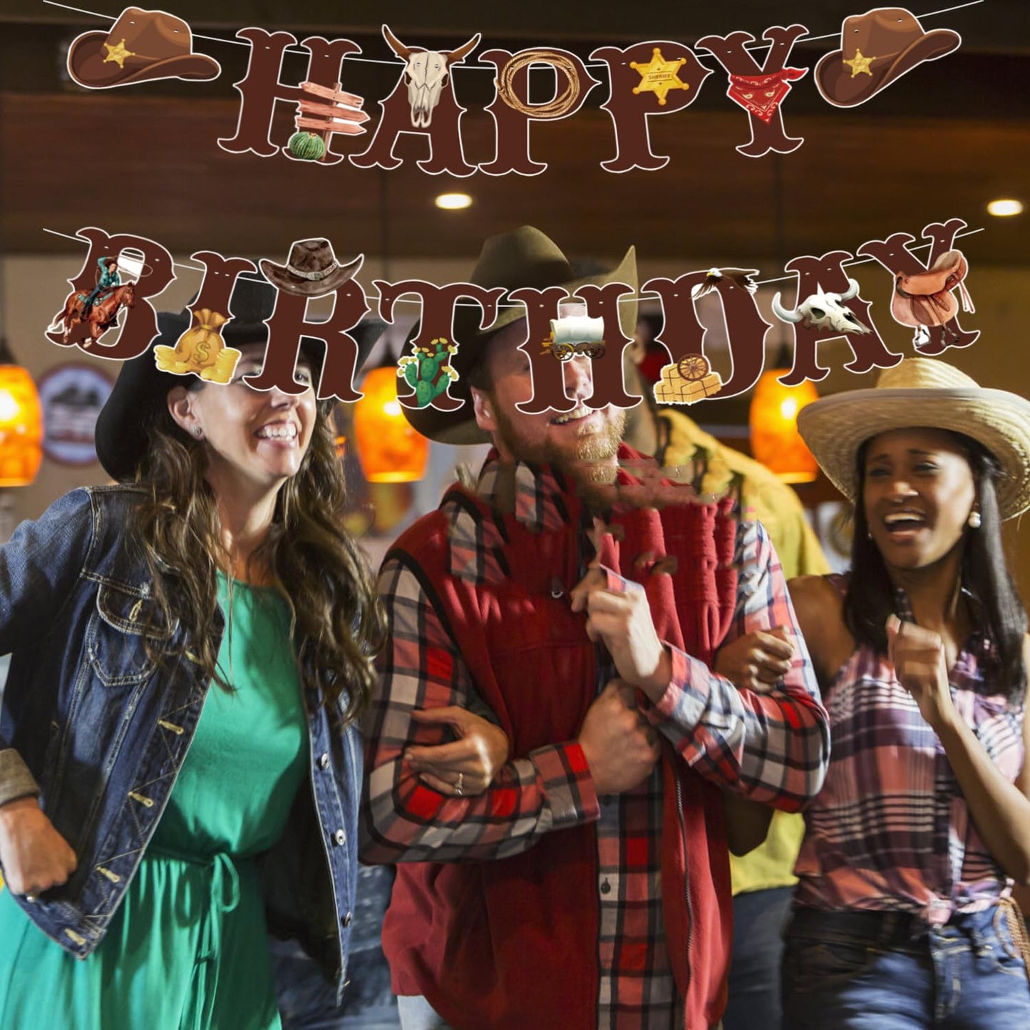 Western Cowboy Theme Wild West Party Decoration,Pre-Strung Happy Birthday Banner,Retro Horse Rodeo