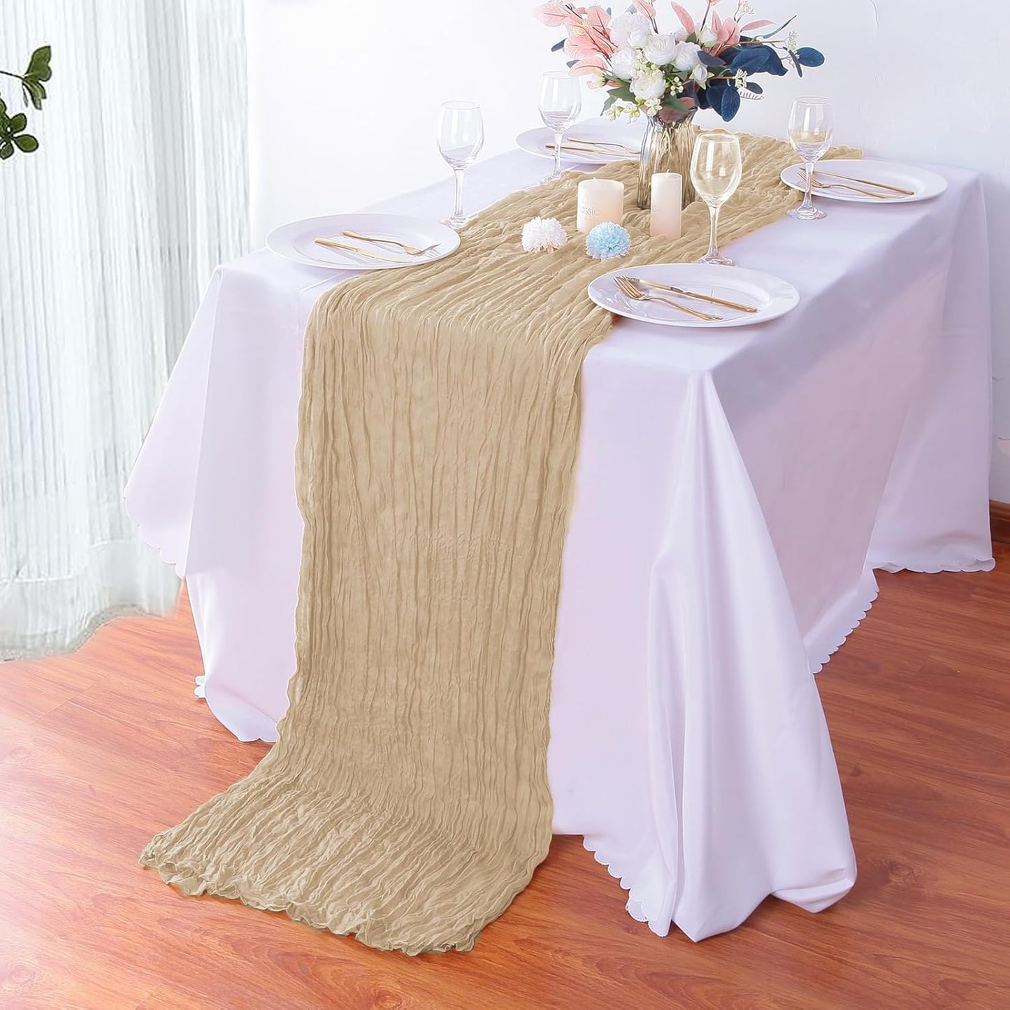 16PCS Beige Cheesecloth Table Runner - 35x120Inch Boho Gauze Cheese Cloth Table Runner Long Rustic Sheer Table Runners for Wedding Party Baby Bridal Shower Table Decor