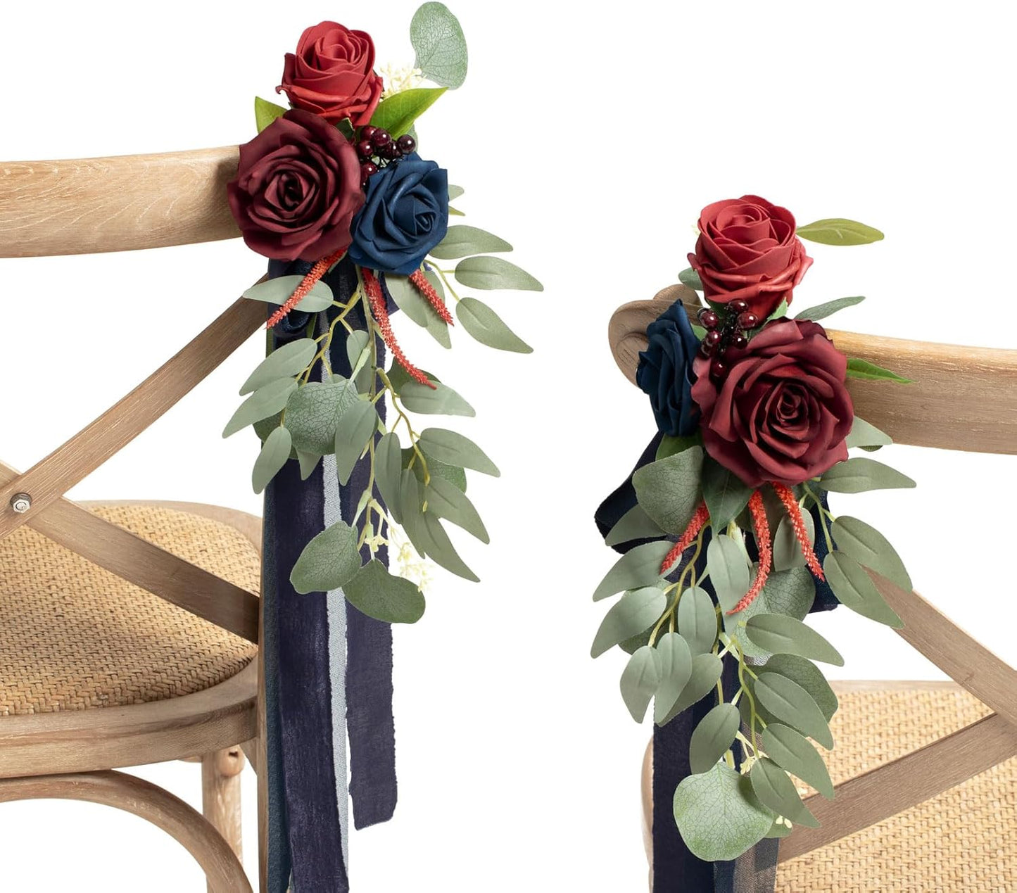 Ling's Moment 8pcs Wedding Artificial Aisle Pew Flowers Chair Decorations Arrangements with Chiffon Ribbons Burgundy Navy Blue for Ceremony Chair Back Floral Decor Reception Church Party Outdoor