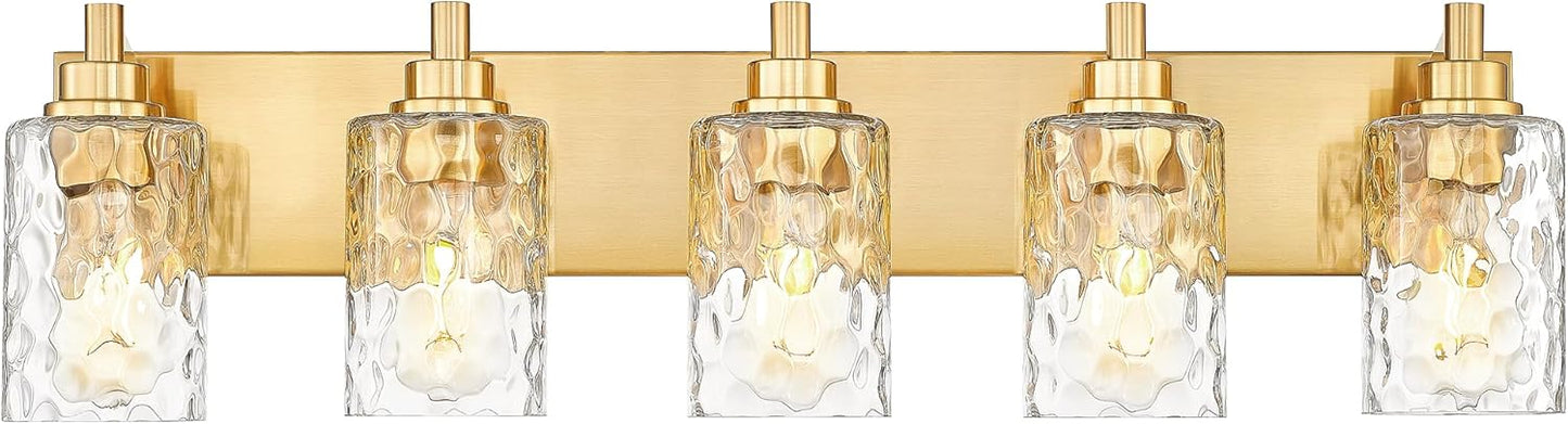 5-Light Bathroom Light Fixtures, 30 Inch Brushed Gold Vanity Lights with Clear Hammered Glass Cylinder Shade, Modern Vanity Lighting Fixture Over Mirror, VL198-BG-5