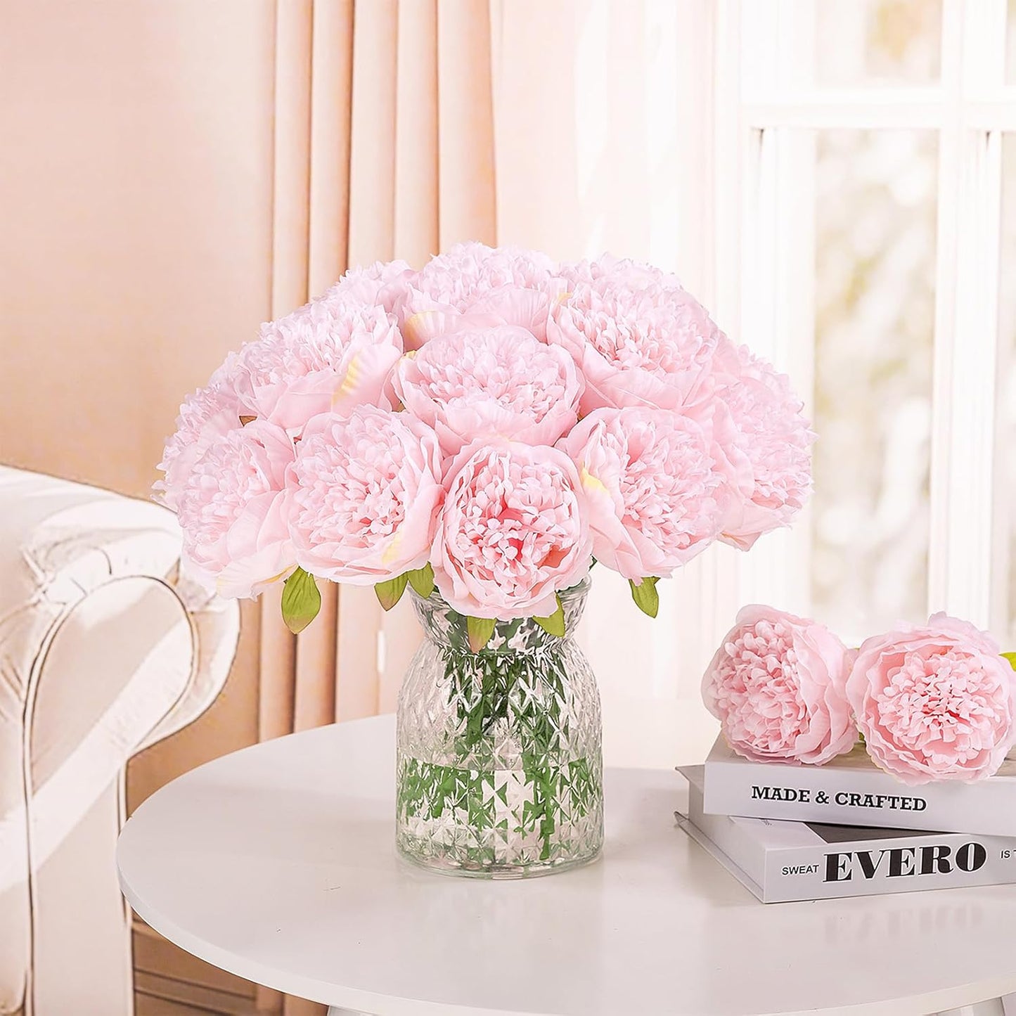 U'Artlines 20 Heads Artificial Peony Silk Flower Leaf Home Office Wedding Party Festival Bar Decor (Light Pink)