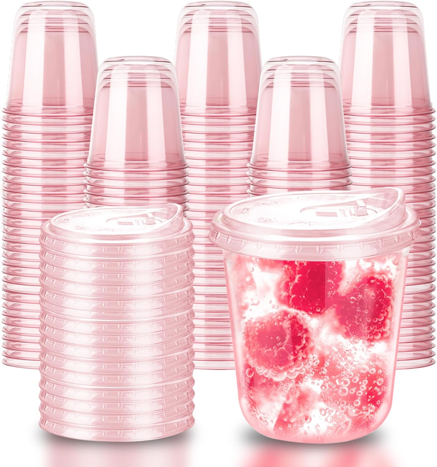 12oz Disposable Stemless Glasses With Strawless Sip Lids,PET Disposable Drinking Cups,Clear Plastic Wine Glasses for Parties Birthday,Wedding,Meeting,Christmas Party Supplies. (100, Pink)