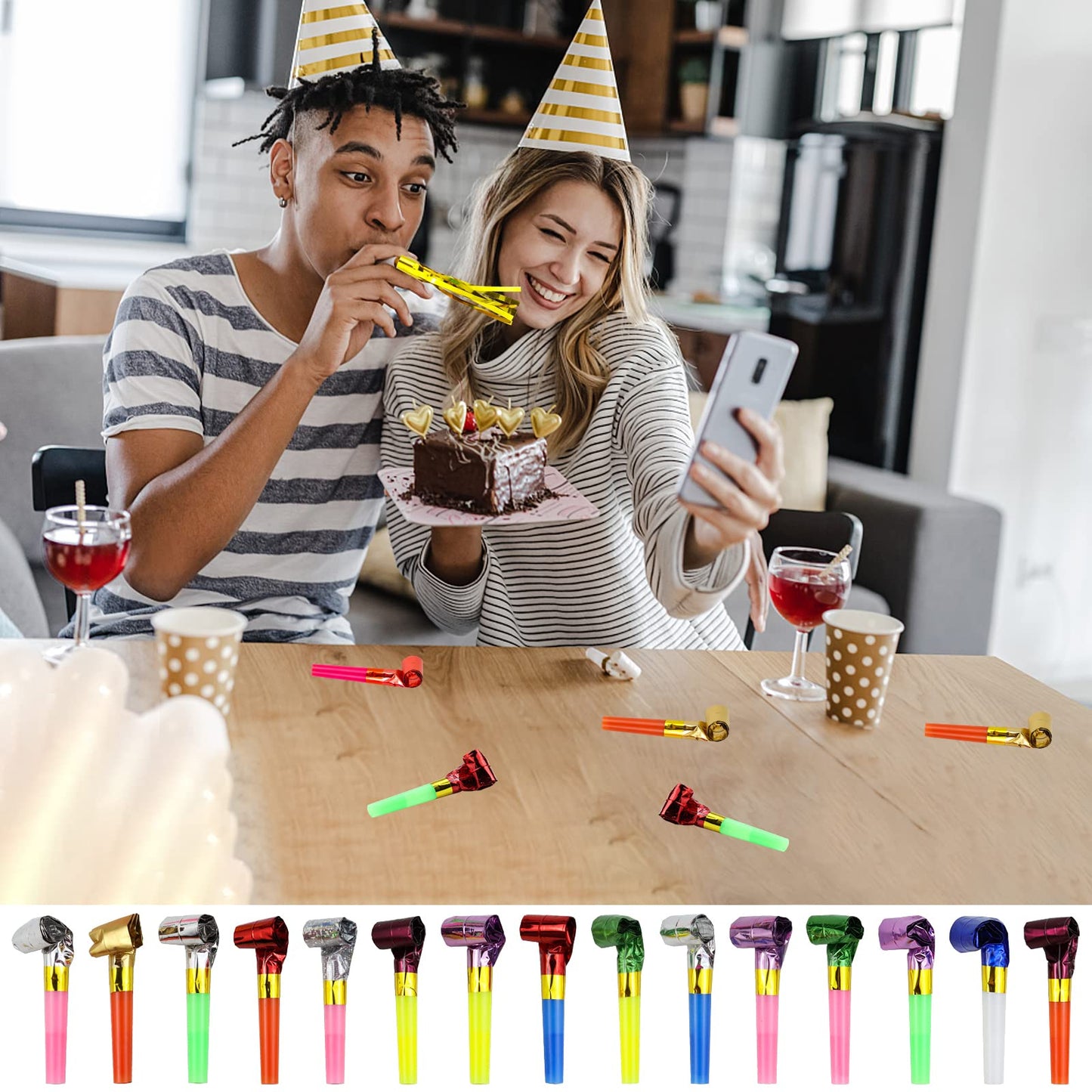 WEOXPR 144Pcs Noisemakers Blowouts Horns Bulk, 2 Styles (Paper + Fringed Metallic) Party Blowers
