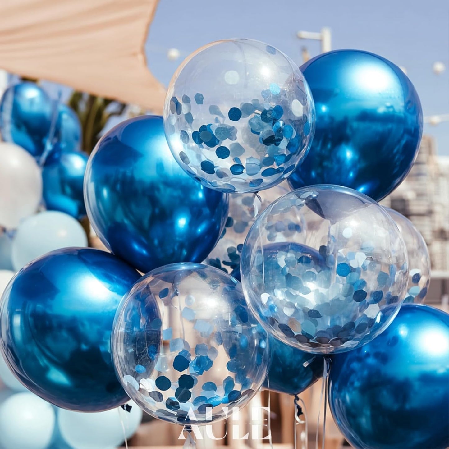 AULE Party Balloons Pack of 42 - Metallic Blue Balloons and Blue Confetti Balloons With 64ft Ribbons 12 Inch Chrome Latex Helium Balloon Decoration Set