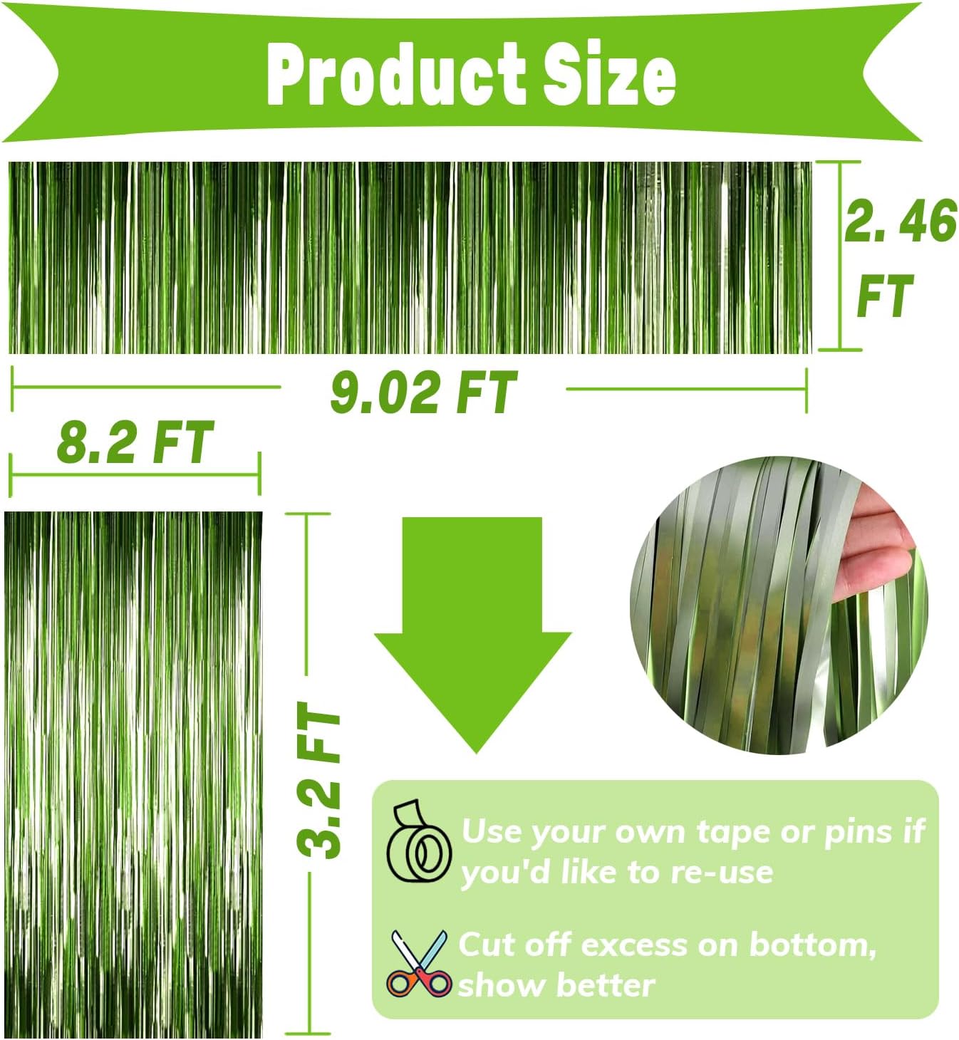 4P Metallic Foil Fringe Tinsel Table Skirts for Rectangle Tables Backdrop Banner Streamer Garland Curtains for Parade Floats Wedding Graduation Anniversary Birthday Parties Decoration (Light Green)