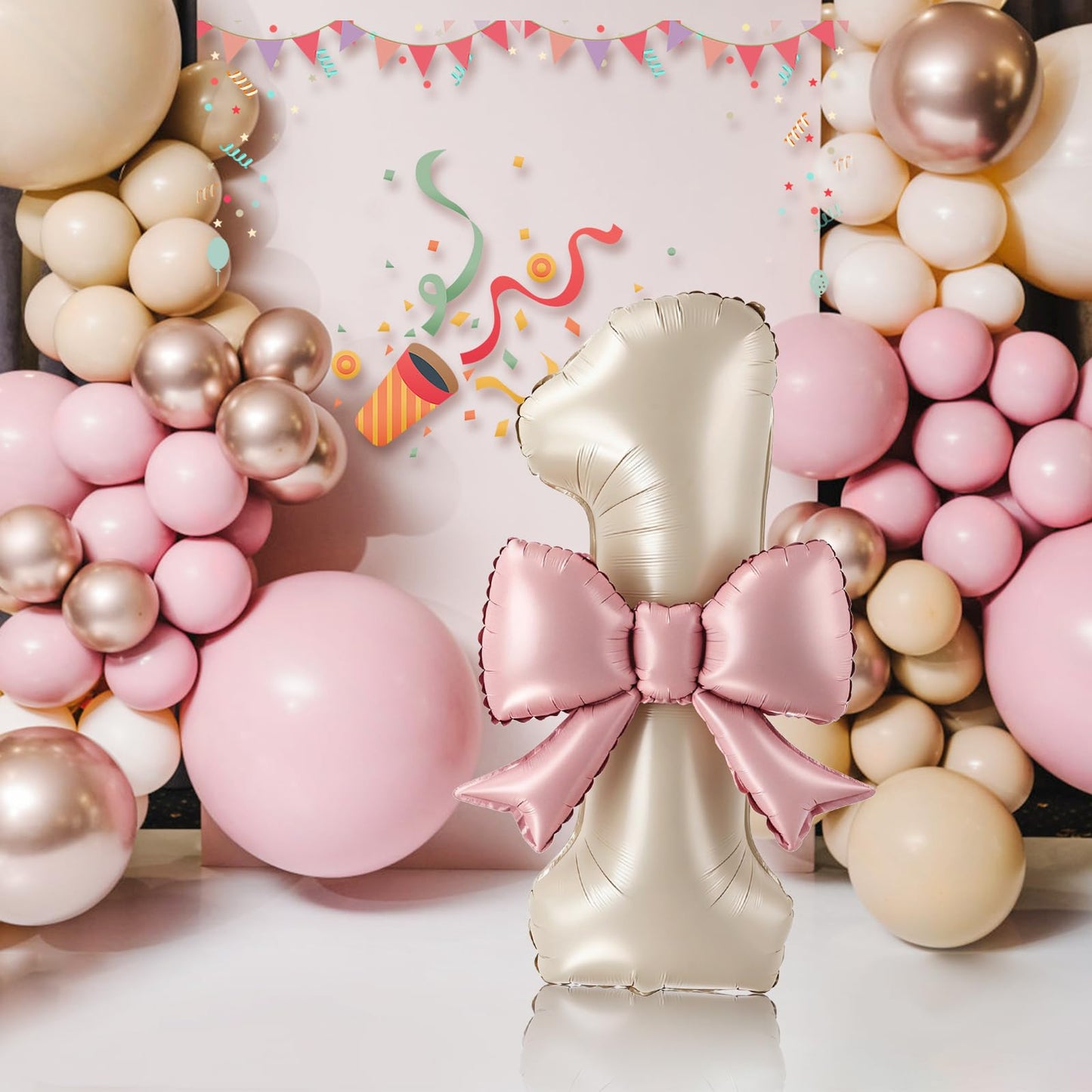 40 Inch Cream Number 1 Balloon with Pink Bow, Coquette Aesthetic Foil Balloon for Birthday