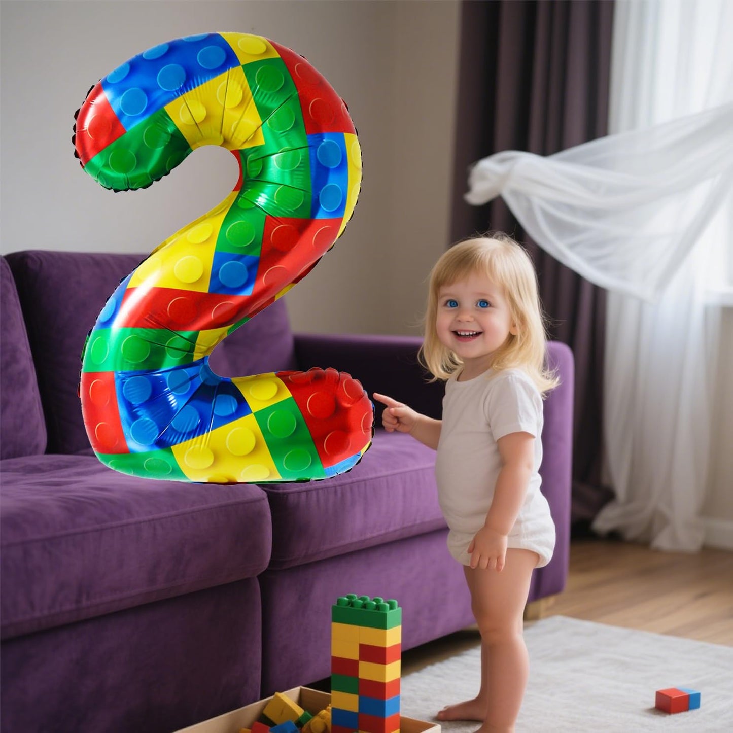 32 Inch Stackable Block Number Balloon – Colorful Brick Building Themed Big Helium Digits for Kids Birthday Party Decorations (Building Block, Number 2)