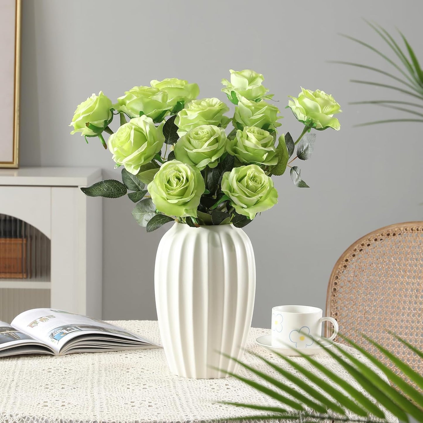 Tifuly Green Roses Artificial Flowers -12Pcs Realistic Single Long Stem Fake Silk Roses Bouquet for Party Home Wedding Centerpiece Hotel Office Decor