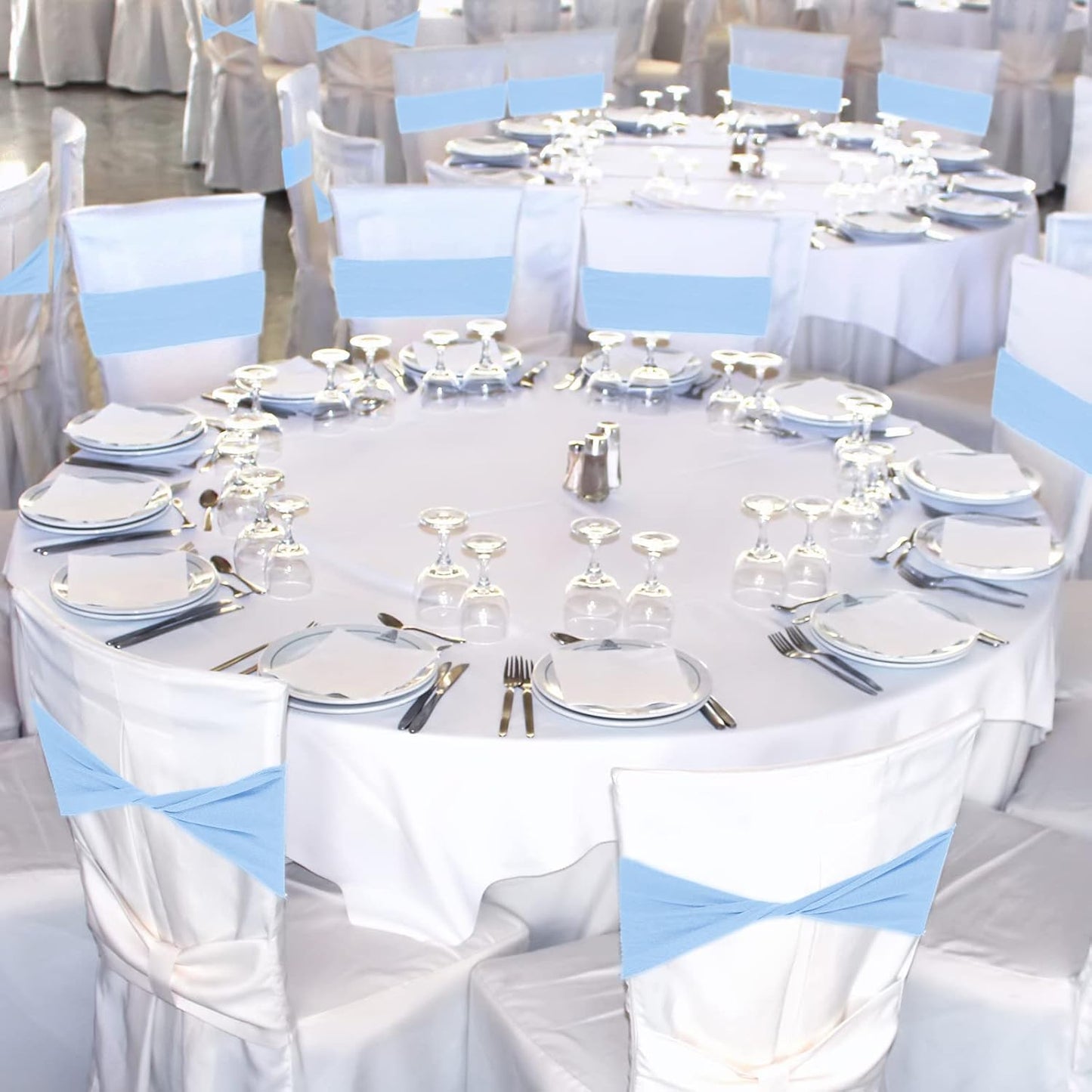 Kinlop 50 Pcs Spandex Chair Sashes Bows Chair BandB0C3V282KGs Slider Sashes for Covers Elastic Bands Ties Without Buckle Decorations for Wedding Party Events Ceremony Birthday(Sky Blue)